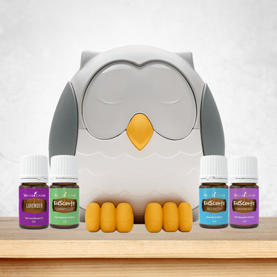 young living feather the owl diffuser bundle with lavender, kidscents dreamease, kidscents tummygize and kidscents refresh essential oil blends.