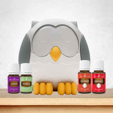 young living feather the owl diffuser bugs away bundle with lavender, cedarwood, citronella and lemongrass essential oils