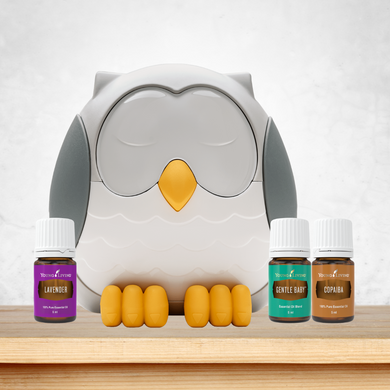 young living feather the owl diffuser bundle with lavender, copaiba and gentle baby essential oils