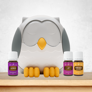 Feather the owl diffuser bundle with young living lavender, joy and kidscents kidpower essential oils