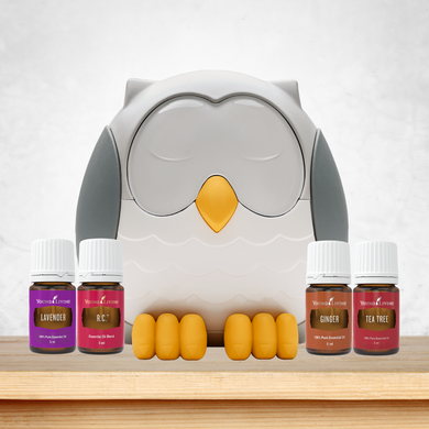 feather the owl diffuser bundle with lavender, RC, ginger and tea tree essential oils