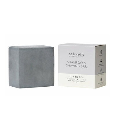BE BARE LIFE TOP TO TOE SHAMPOO AND SHAVING BAR. WITH PEPPERMINT AND TEA TREE. FOR ALL HAIR TYPES. ZERO WASTE, ZERO PLASTIC.